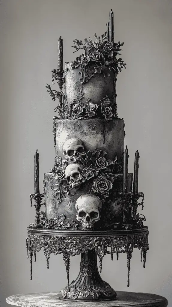 Discover the Vintage Macabre gothic wedding cake,featuring subtle skull motifs,miniature candelabras,and weathered textures in grey and dusty black. Accented with silver wax drips and lace details, this hauntingly elegant design captures an eerie, old-world charm, perfect for a gothic-themed celebration.