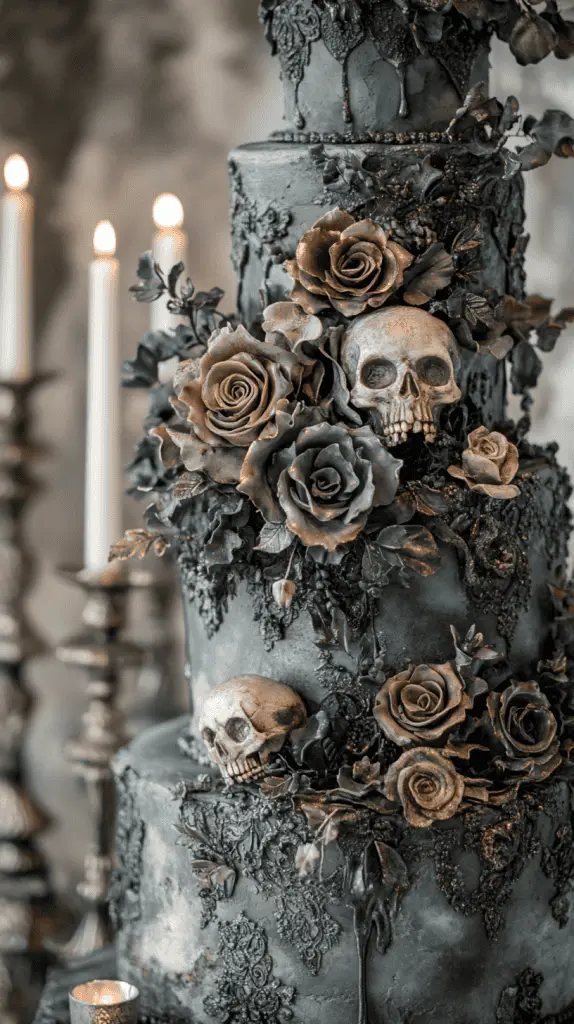 Discover the Vintage Macabre gothic wedding cake, featuring subtle skull motifs, miniature candelabras, and weathered textures in grey and dusty black. Accented with silver wax drips and lace details, this hauntingly elegant design captures an eerie, old-world charm, perfect for a gothic-themed celebration.