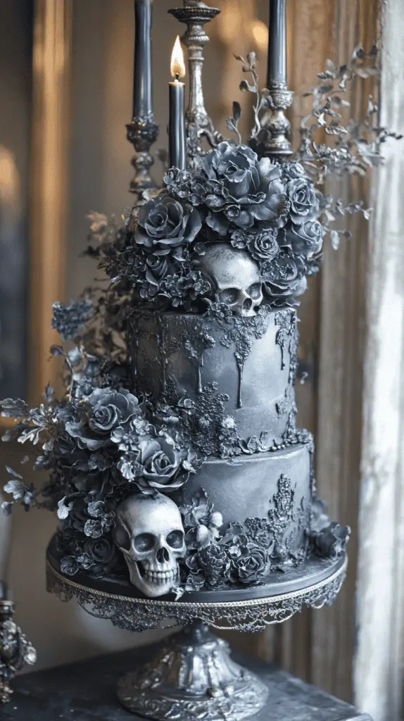 Discover the Vintage Macabre gothic wedding cake, featuring subtle skull motifs, miniature candelabras, and weathered textures in grey and dusty black. Accented with silver wax drips and lace details, this hauntingly elegant design captures an eerie, old-world charm, perfect for a gothic-themed celebration.