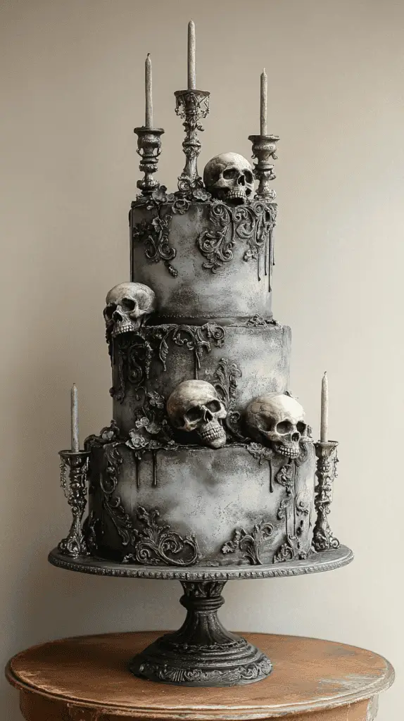 Discover the Vintage Macabre gothic wedding cake, featuring subtle skull motifs, miniature candelabras, and weathered textures in gray and dusty black. Accented with silver wax drips and lace details, this hauntingly elegant design captures an eerie, old-world charm, perfect for a gothic-themed celebration.