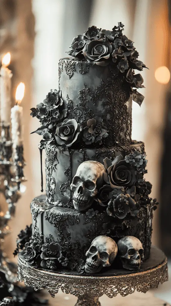 Discover the Vintage macabre gothic wedding cake, featuring subtle skull motifs, miniature candelabras, and weathered textures in grey and dusty black. Accented with silver wax drips and lace details, this hauntingly elegant design captures an eerie, old-world charm, perfect for a gothic-themed celebration.