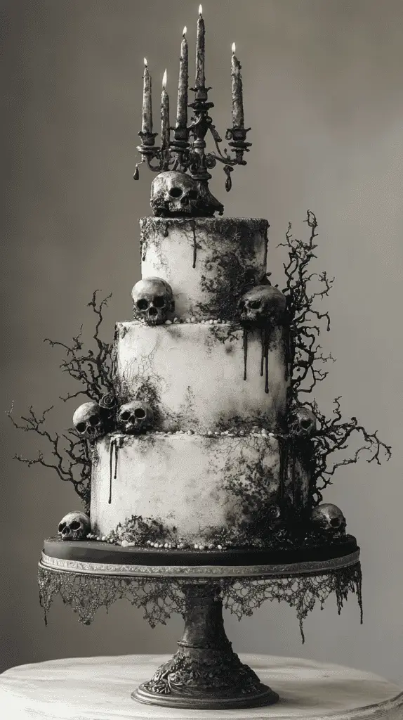 Discover the Vintage Macabre gothic wedding cake,featuring subtle skull motifs,miniature candelabras,and weathered textures in grey and dusty black. Accented with silver wax drips and lace details,this hauntingly elegant design captures an eerie,old-world charm,perfect for a gothic-themed celebration.