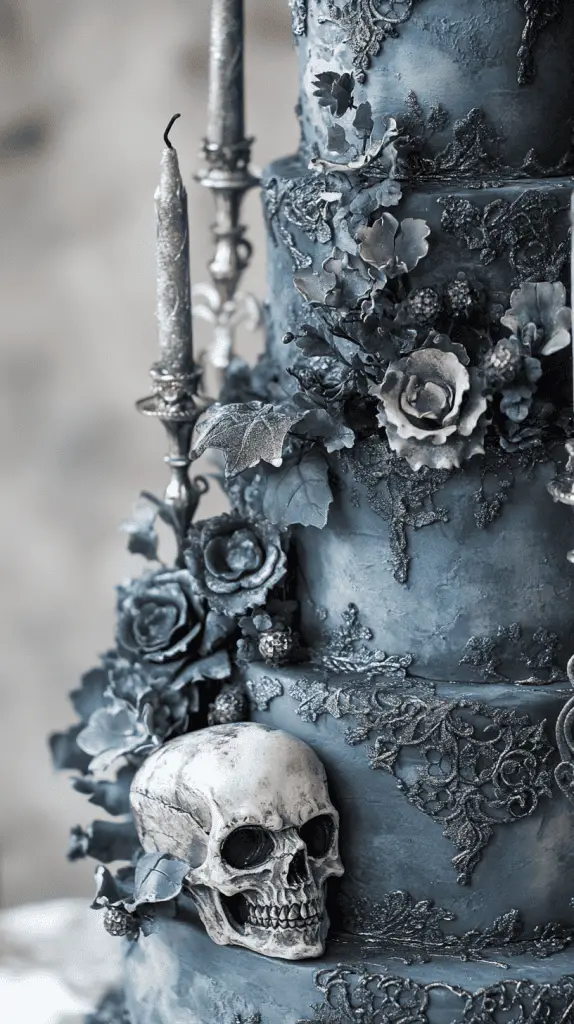 Discover the Vintage Macabre gothic wedding cake, featuring subtle skull motifs, miniature candelabras, and weathered textures in grey and dusty black. Accented with silver wax drips and lace details,this hauntingly elegant design captures an eerie,old-world charm,perfect for a gothic-themed celebration.