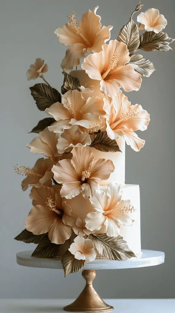 An elegant wedding cake with hibiscus flowers.