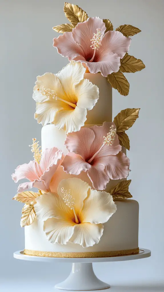 An elegant wedding cake with hibiscus flowers.