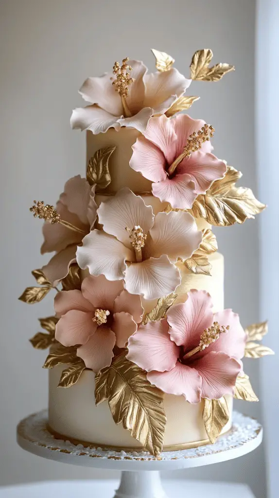 An elegant wedding cake with hibiscus flowers.