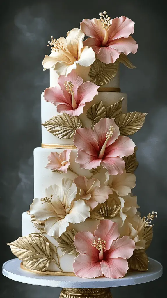 An elegant wedding cake with hibiscus flowers.