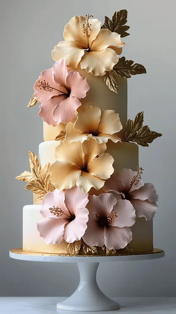 An elegant wedding cake with hibiscus flowers.