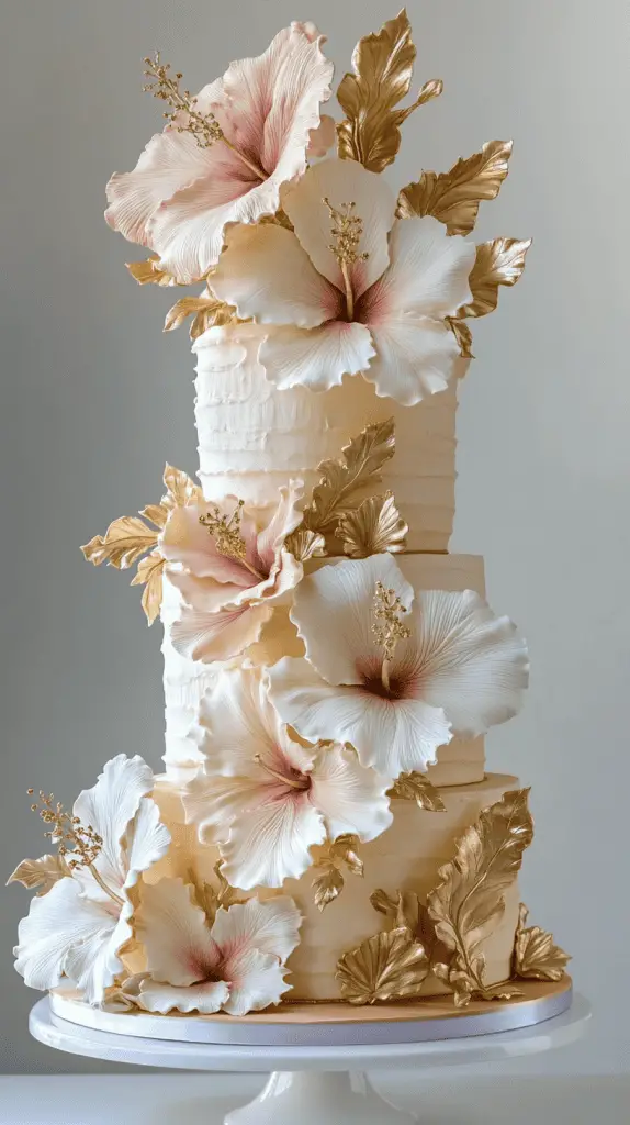 an elegant wedding cake with hibiscus flowers.