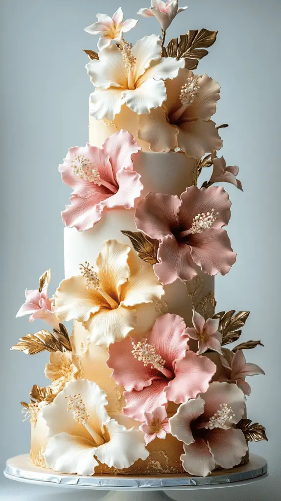 An elegant wedding cake with hibiscus flowers.