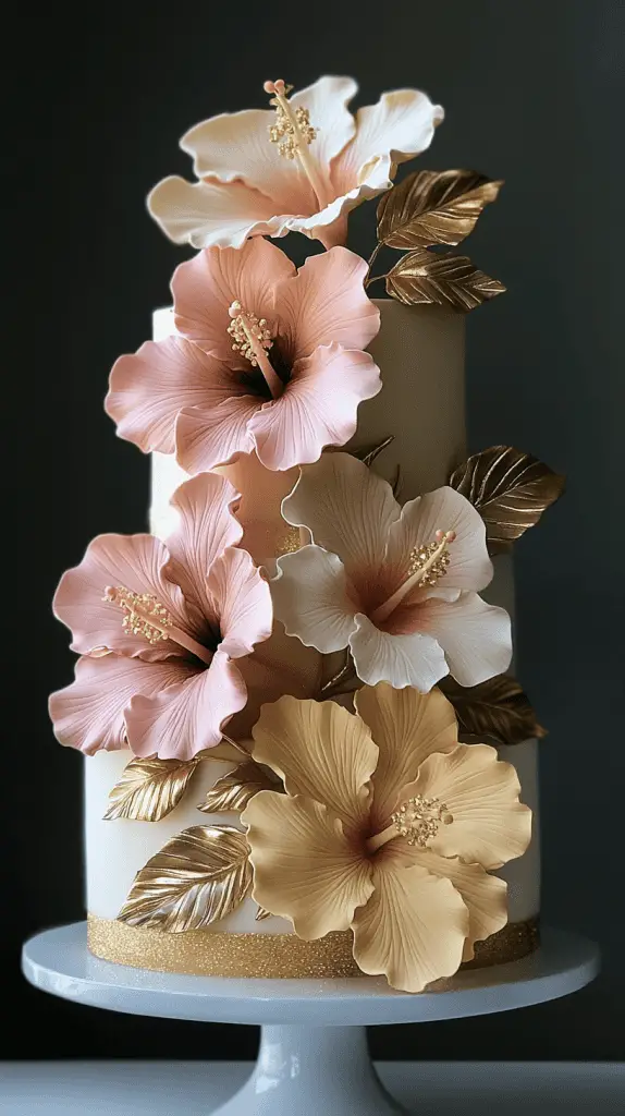 An elegant wedding cake with hibiscus flowers.