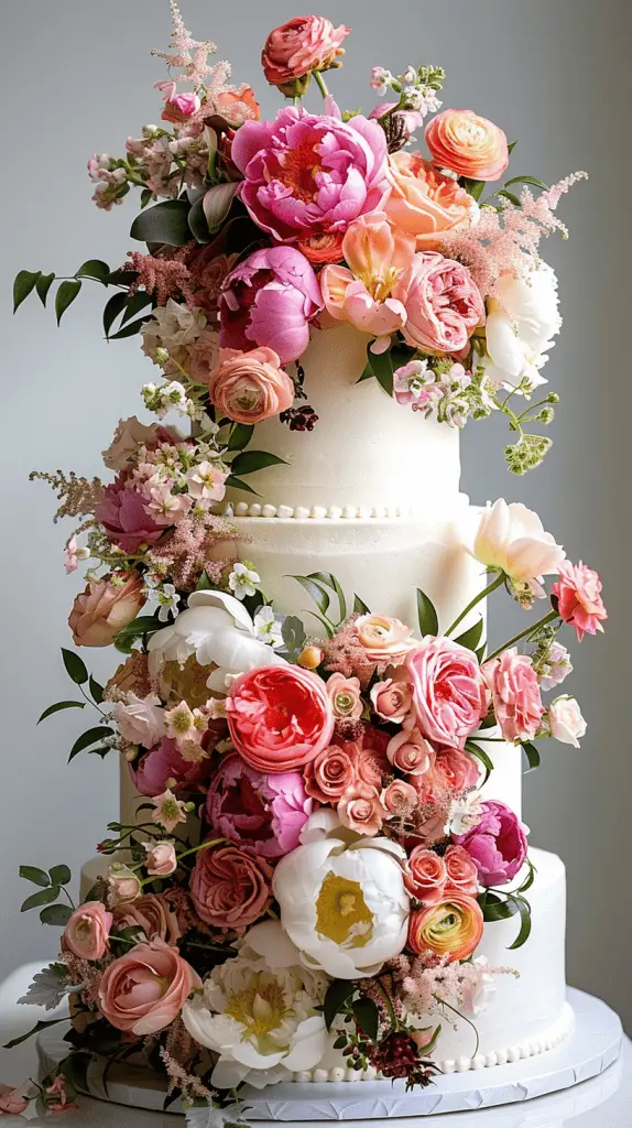 A floral wedding cake with fresh flowers adorned.