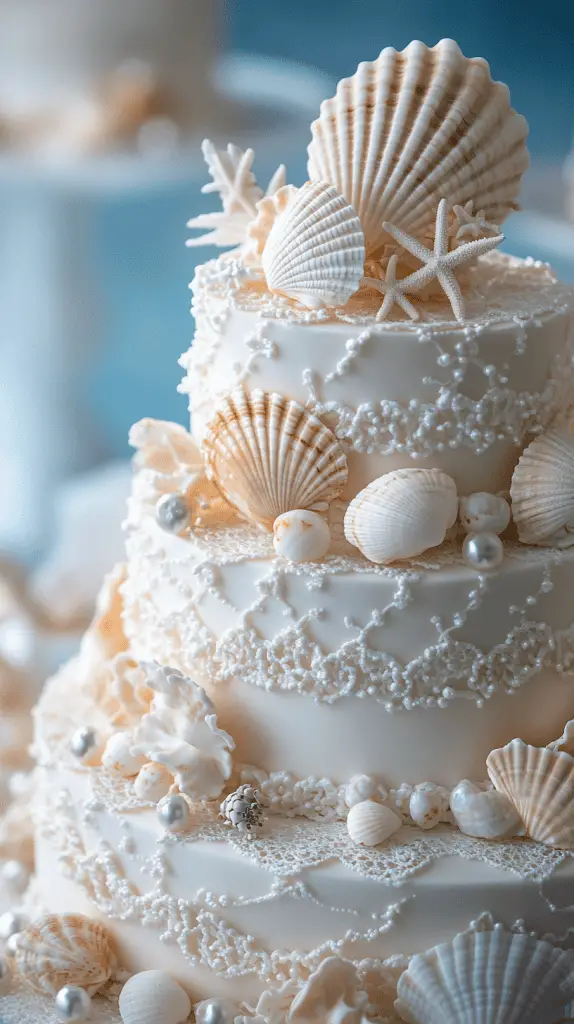 An elegant wedding cake adorned with decorations like pearls, seashells and sand dollars.