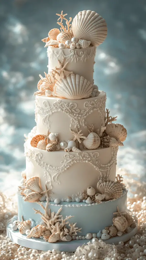 An elegant wedding cake adorned with decorations like pearls,seashells and sand dollars.