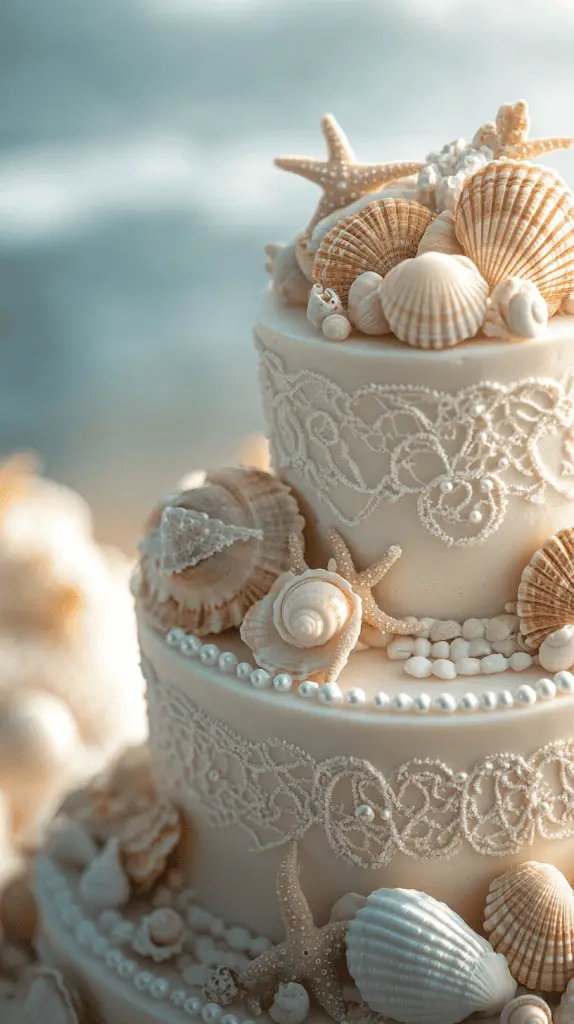 An elegant wedding cake adorned with decorations like pearls, seashells and sand dollars.