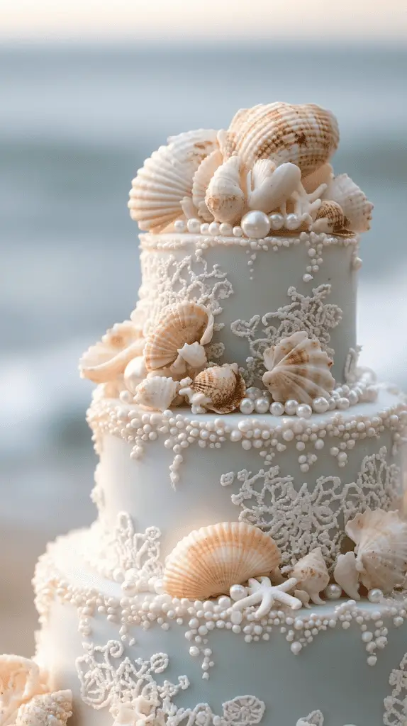 An elegant wedding cake adorned with decorations like pearls, seashells and sand dollars.