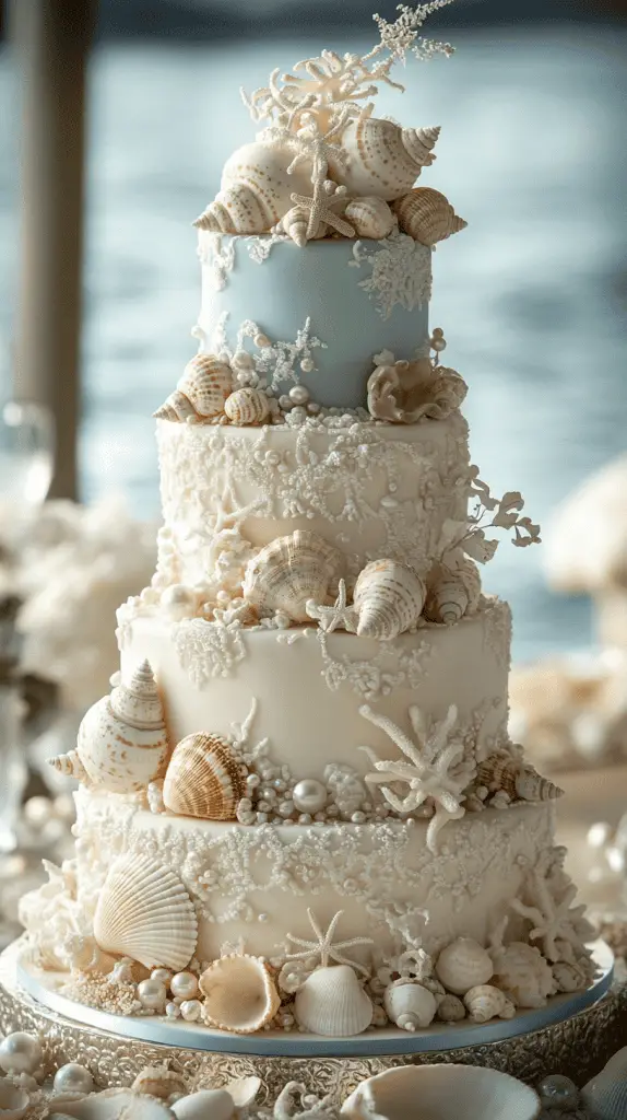 An elegant wedding cake adorned with decorations like pearls, seashells and sand dollars.