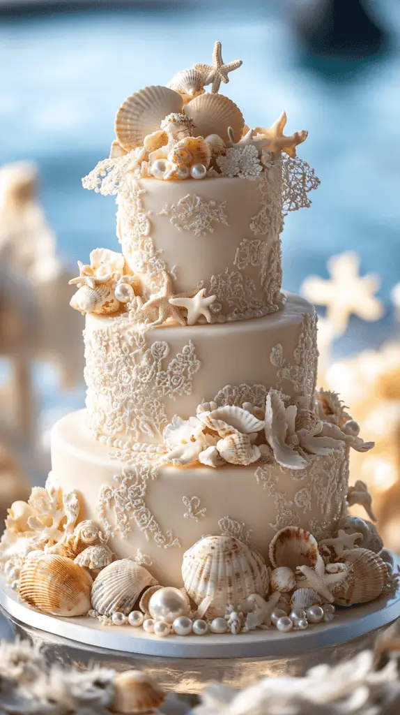 An elegant wedding cake adorned with decorations like pearls, seashells and sand dollars.