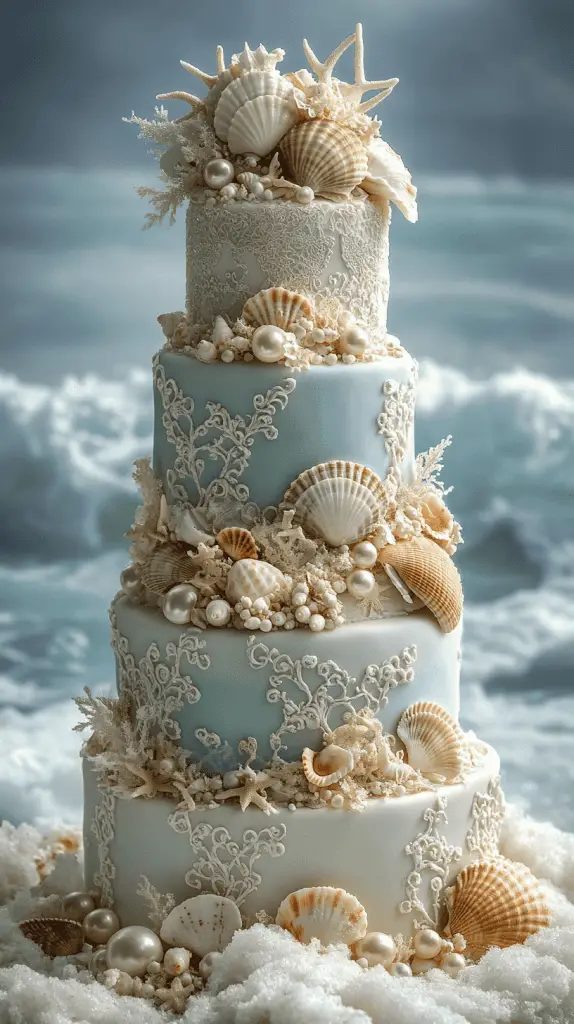 An elegant wedding cake adorned with decorations like pearls, seashells and sand dollars.