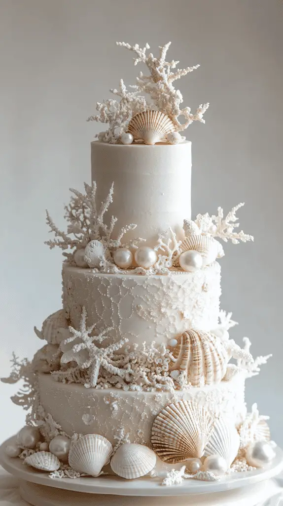 An elegant wedding cake adorned with decorations like pearls, seashells and sand dollars.