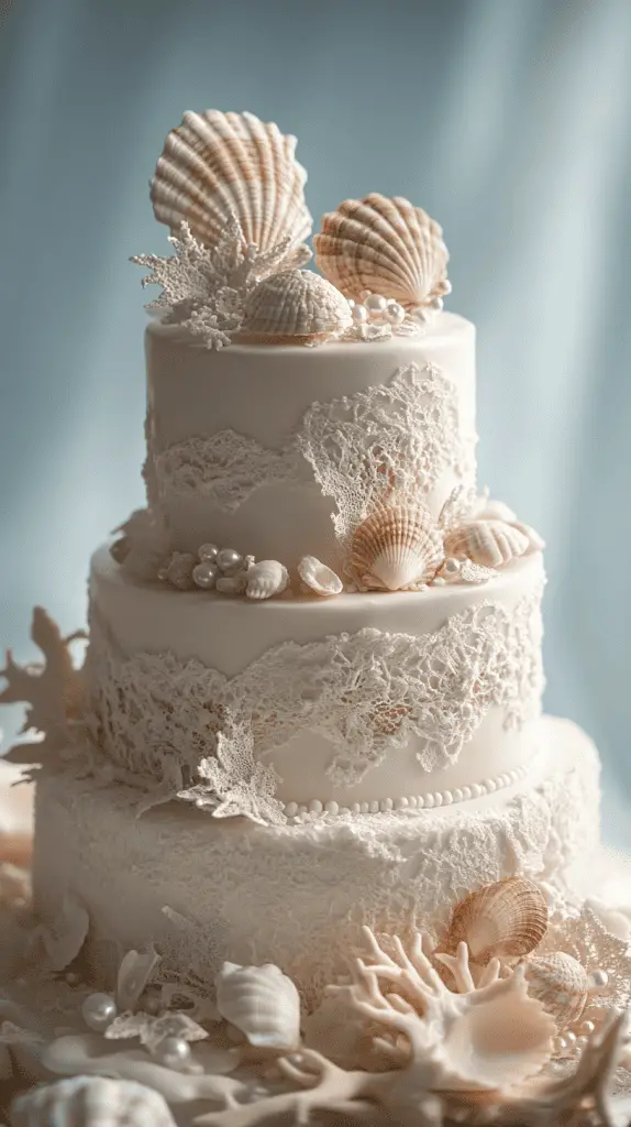 An elegant wedding cake adorned with decorations like pearls, seashells and sand dollars.