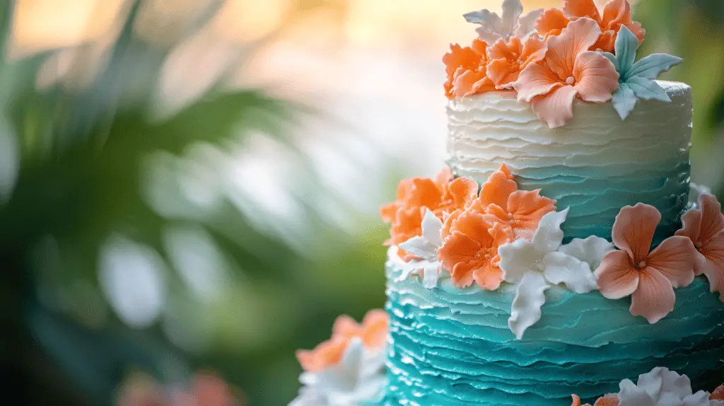 A Hawaiian wedding cake with a vibrant color scheme inspired by the islands , featuring shades of turquoise, coral, and sunset orange.