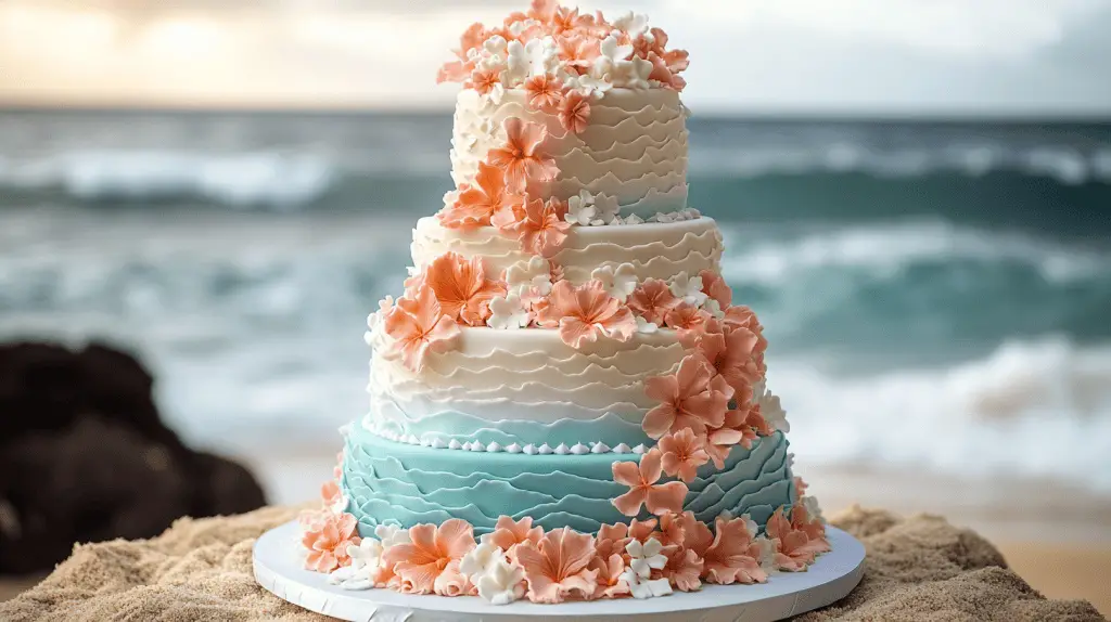 A Hawaiian wedding cake with a vibrant color scheme inspired by the islands , featuring shades of turquoise, coral, and sunset orange.