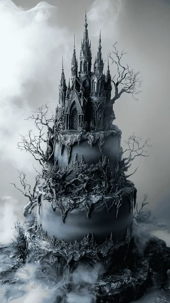 A realistic gothic wedding cake with an ethereal fog theme, featuring subtle smoky effects and misty grey tones.