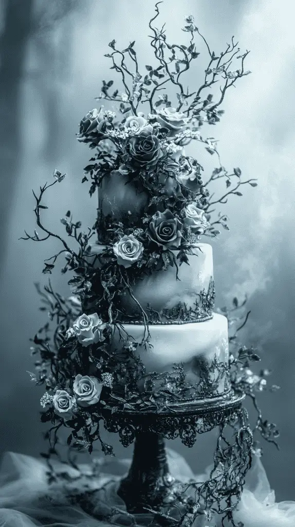 A realistic gothic wedding cake with an ethereal fog theme, featuring subtle smoky effects and misty grey tones.
