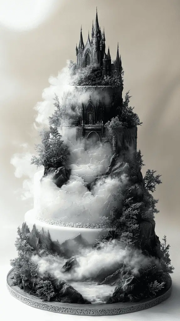A realistic gothic wedding cake with an ethereal fog theme, featuring subtle smoky effects and misty grey tones.