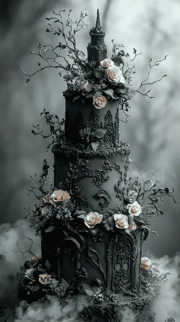 A realistic gothic wedding cake with an ethereal fog theme, featuring subtle smoky effects and misty grey tones.