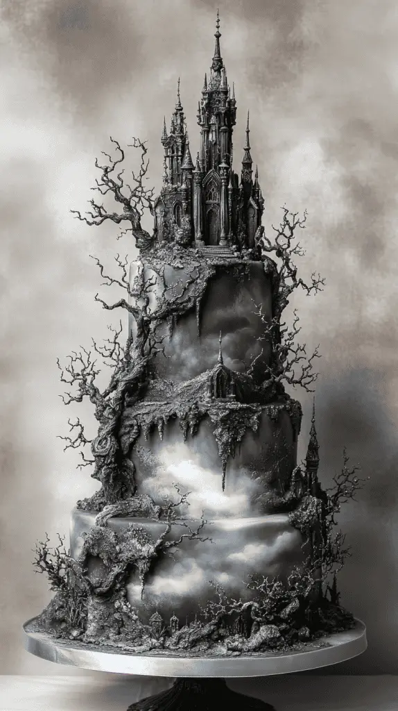 A realistic gothic wedding cake with an ethereal fog theme, featuring subtle smoky effects and misty grey tones.