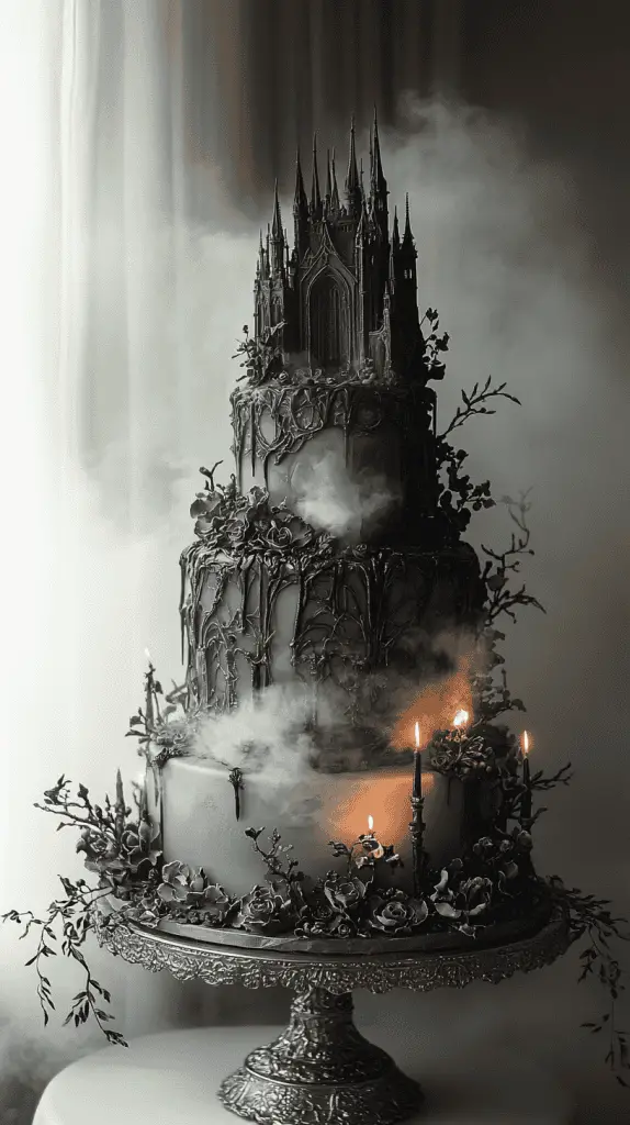 A realistic gothic wedding cake with an ethereal fog theme, featuring subtle smoky effects and misty grey tones.
