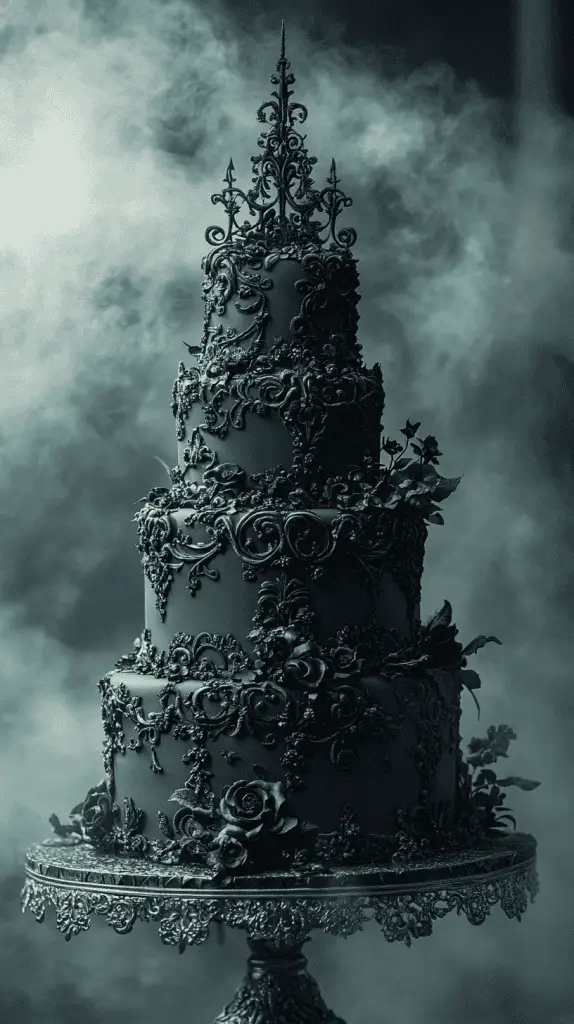 A realistic gothic wedding cake with an ethereal fog theme, featuring subtle smoky effects and misty grey tones.