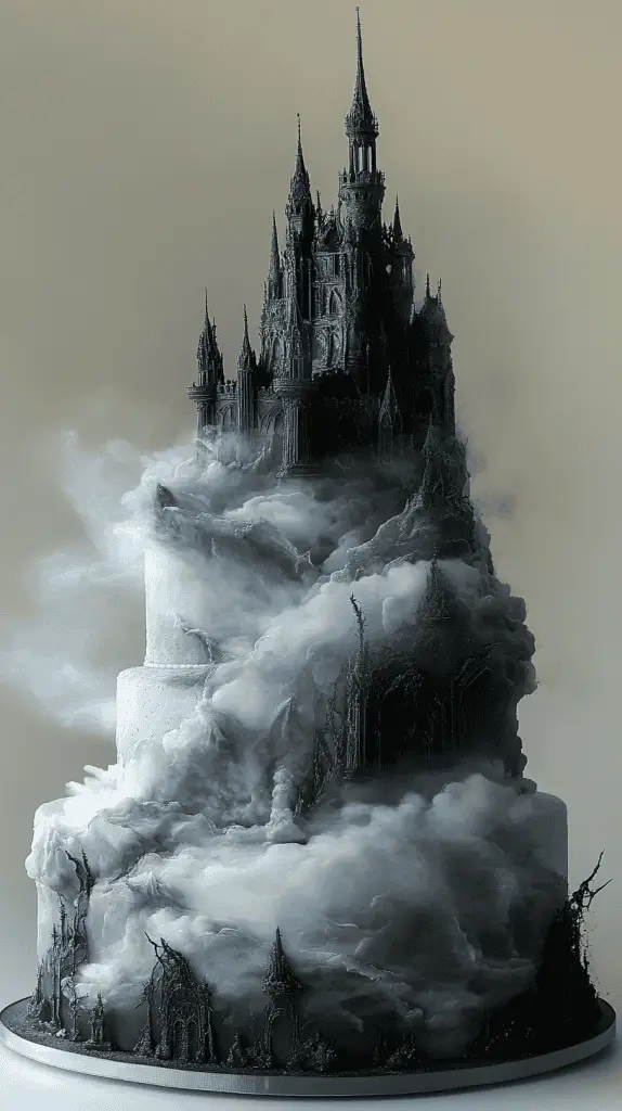 A realistic gothic wedding cake with an ethereal fog theme, featuring subtle smoky effects and misty grey tones.