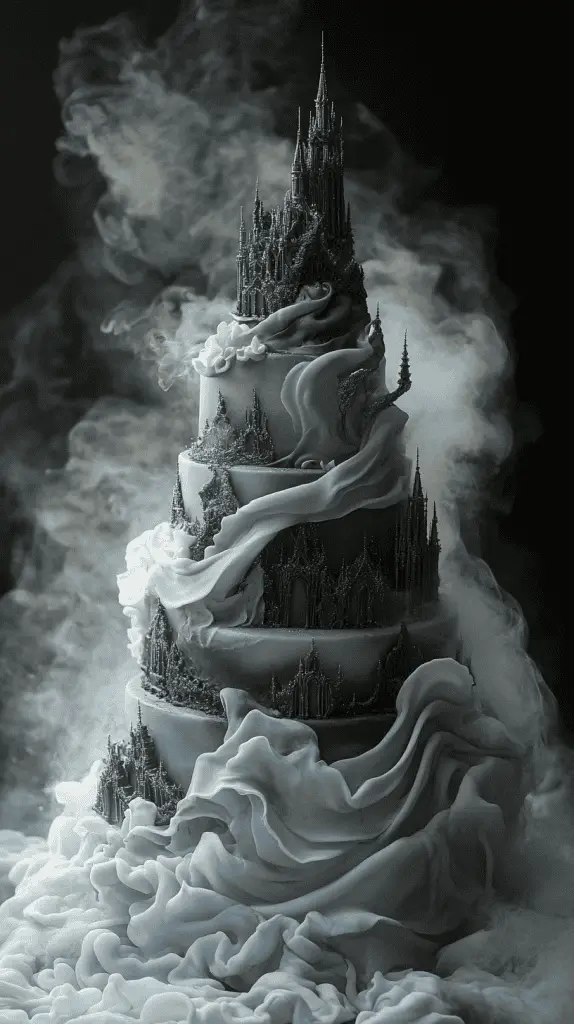 A realistic gothic wedding cake with an ethereal fog theme, featuring subtle smoky effects and misty grey tones.