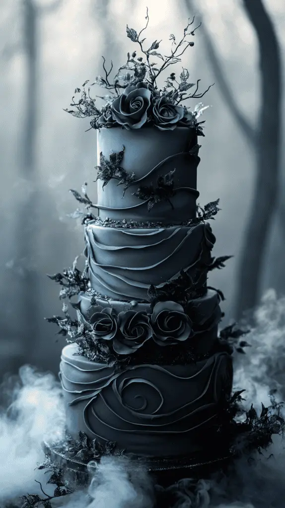 A realistic gothic wedding cake with an ethereal fog theme, featuring subtle smoky effects and misty grey tones.