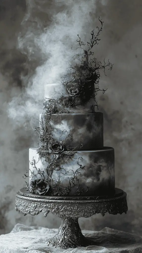 A realistic gothic wedding cake with an ethereal fog theme, featuring subtle smoky effects and misty grey tones.