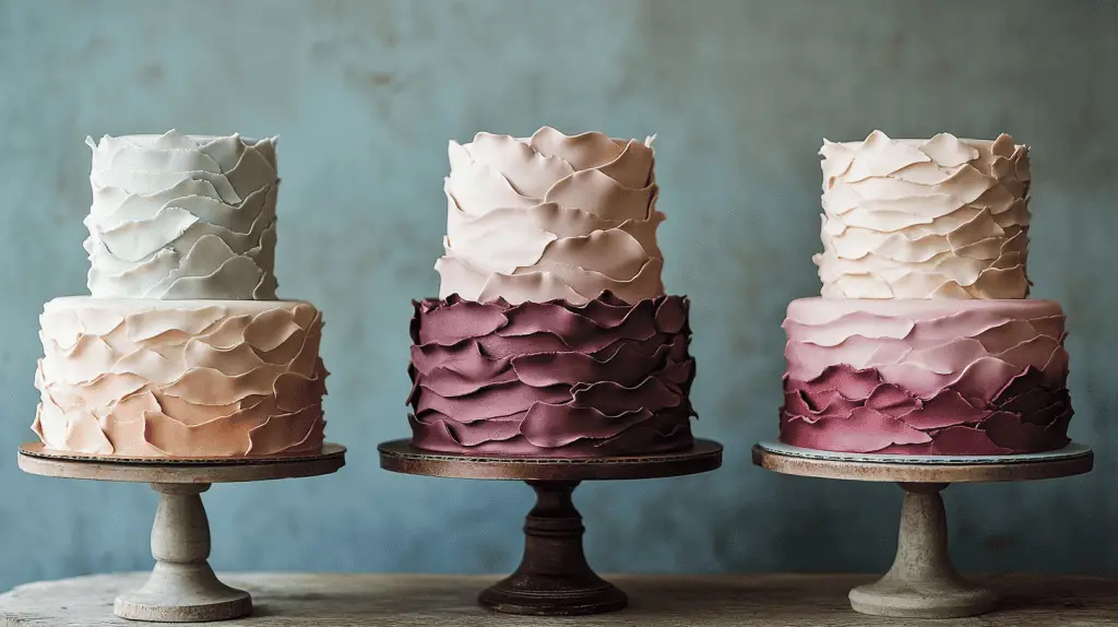 A rustic wedding cake with a textured buttercream or ganache finish.
