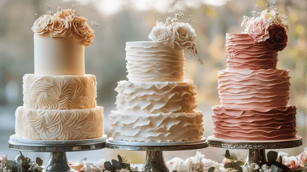 A rustic wedding cake with a textured buttercream or ganache finish.