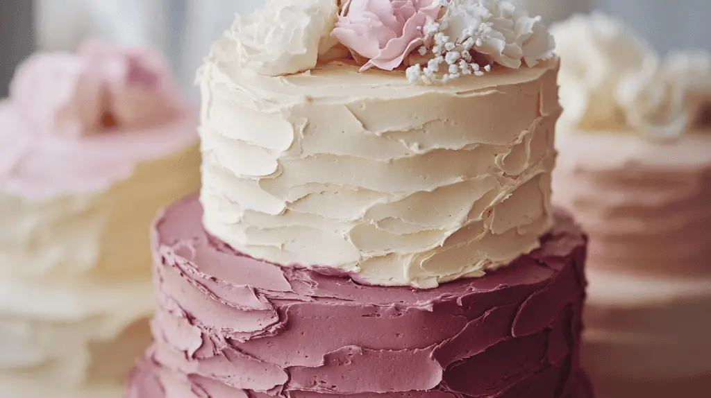A rustic wedding cake with a textured buttercream or ganache finish.