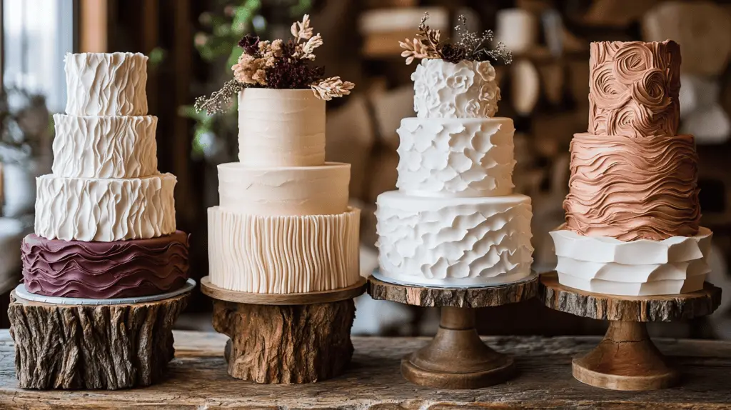 A rustic wedding cake with a textured buttercream or ganache finish.