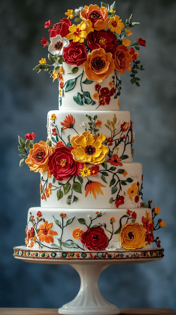A Frida Kahlo-inspired Mexican wedding cake featuring vibrant, bold floral decorations reminiscent of Kahlo’s art, such as roses, marigolds, and orchids.