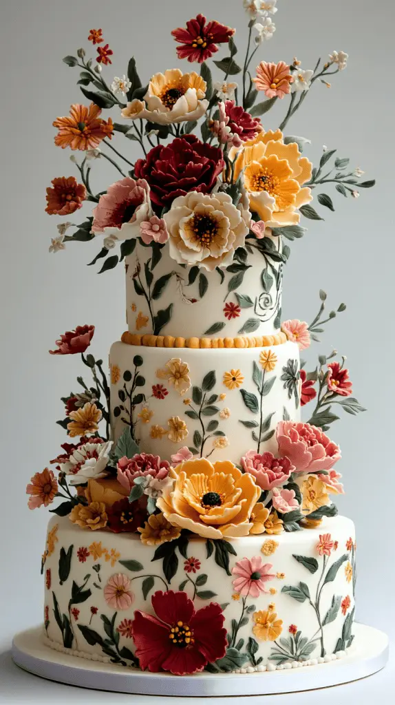 A Frida Kahlo-inspired Mexican wedding cake featuring vibrant, bold floral decorations reminiscent of kahlo’s art, such as roses, marigolds, and orchids.