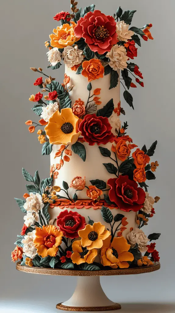 A Frida Kahlo-inspired Mexican wedding cake featuring vibrant, bold floral decorations reminiscent of Kahlo’s art, such as roses, marigolds, and orchids.