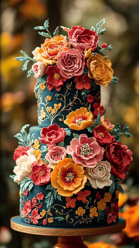 A Frida Kahlo-inspired Mexican wedding cake featuring vibrant, bold floral decorations reminiscent of Kahlo’s art, such as roses, marigolds, and orchids.