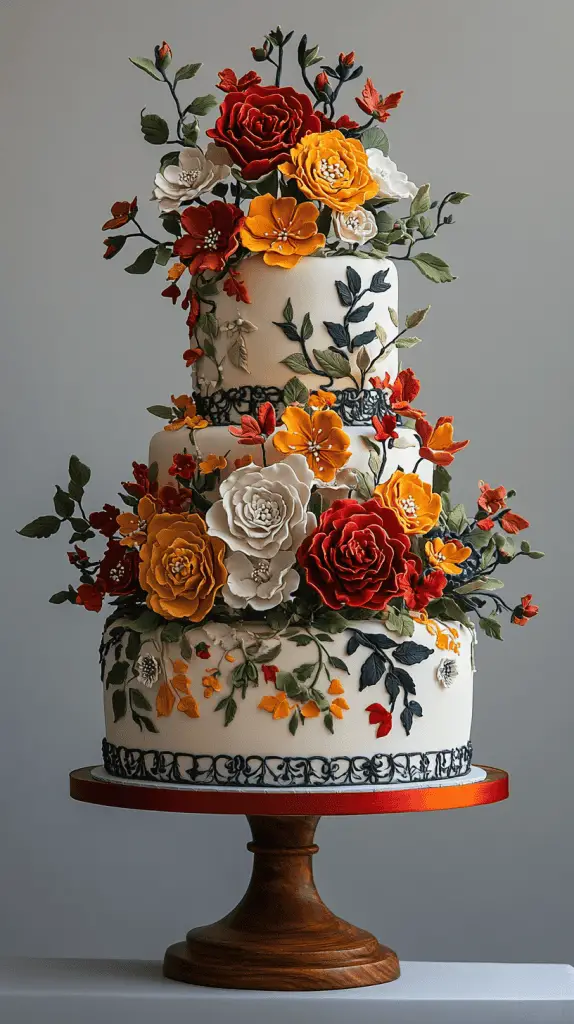 A frida Kahlo-inspired Mexican wedding cake featuring vibrant, bold floral decorations reminiscent of Kahlo’s art, such as roses, marigolds, and orchids.
