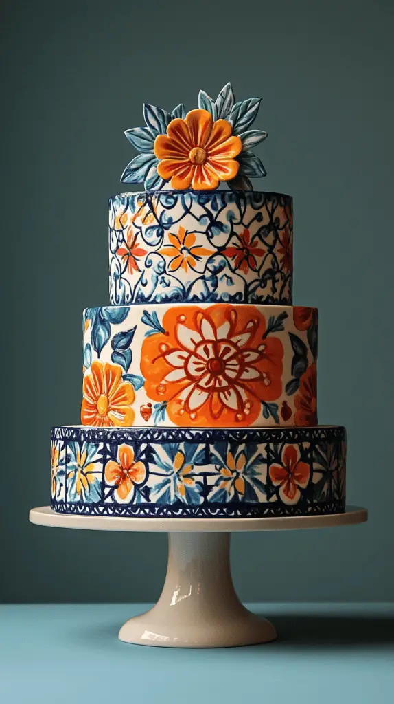 A Mexican wedding cake featuring bold geometric and tile patterns inspired by traditional Talavera tiles.