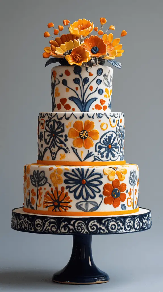 A Mexican wedding cake featuring bold geometric and tile patterns inspired by traditional Talavera tiles.