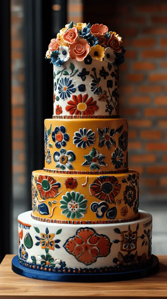 A Mexican wedding cake featuring bold geometric and tile patterns inspired by traditional Talavera tiles.